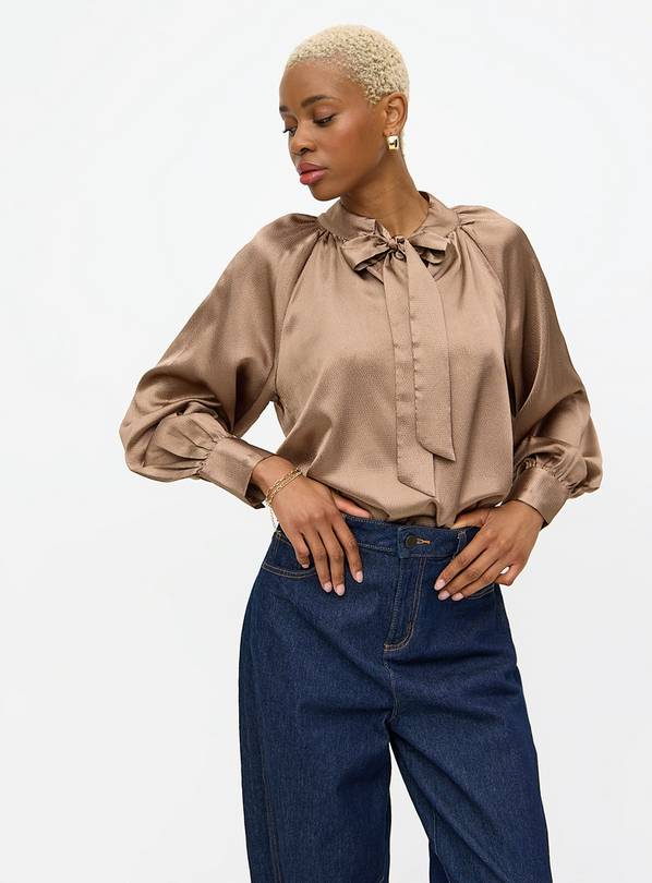 Caramel Tie Neck Long Sleeve Blouse 10